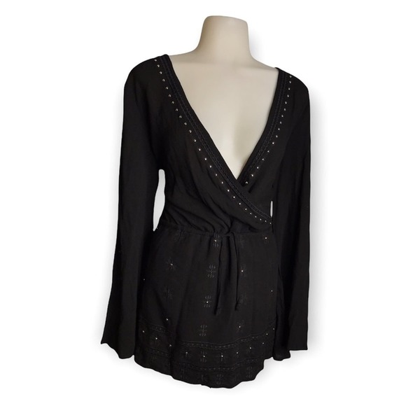 Lulu’s | NEW San Marcos Black Studded Long Sleeve Dress Boho Print & jeweled - Picture 9 of 11